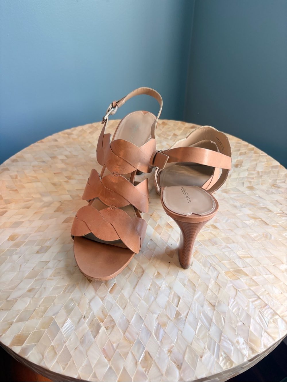 Via Spiga Tan Scalloped Strappy High Heel Sandals
